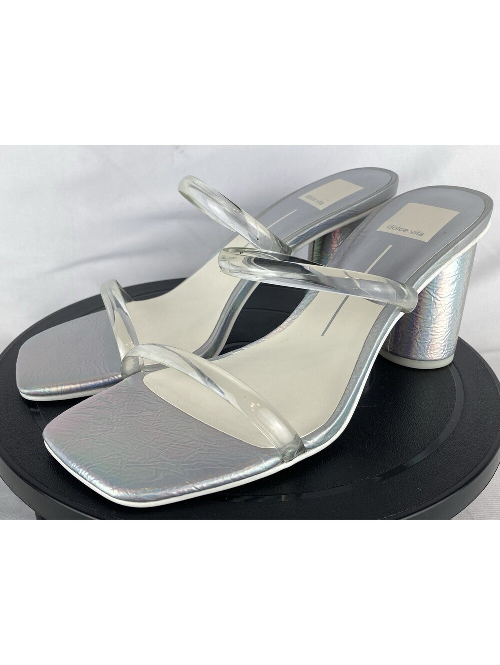 Womens Size 8.5 Dolce Vita Heels Iridescent Holographic Clear Strap Mule Sandals